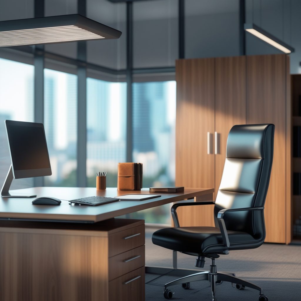 Executive wooden desk with adjustable ergonomic chair