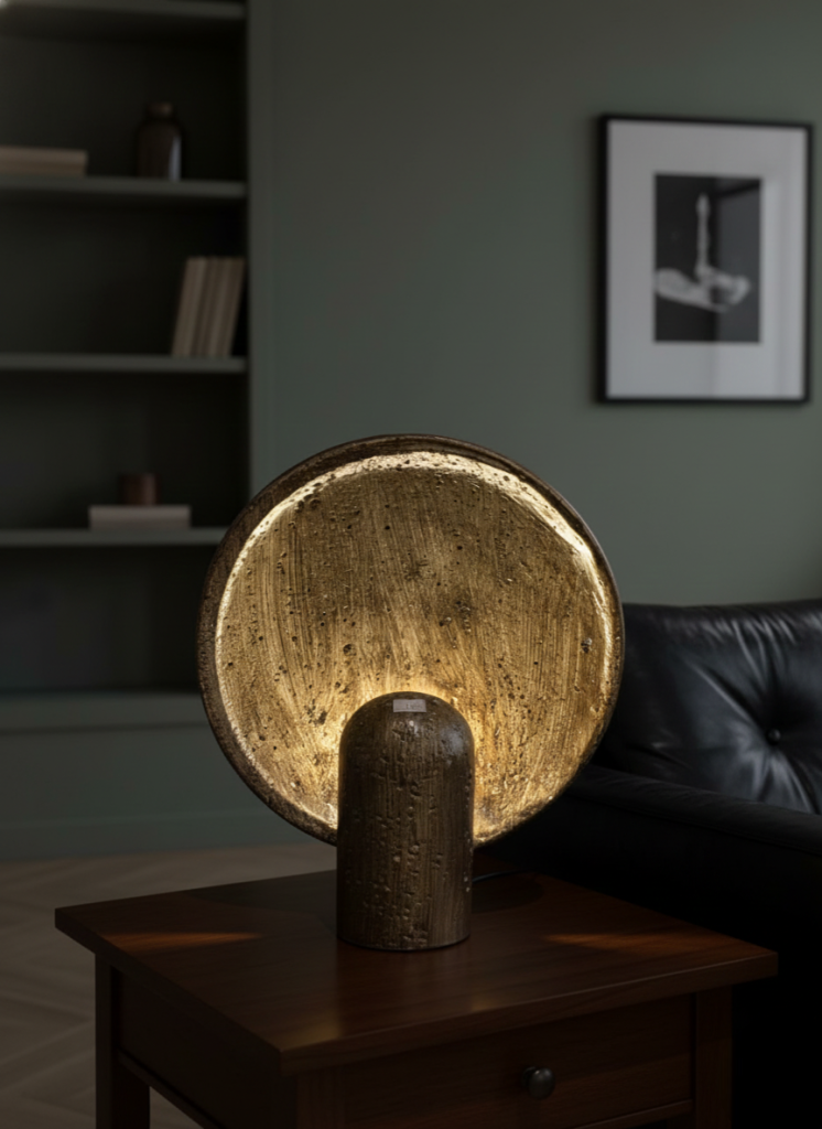 Antique gold eclipse accent lamp with textured circular disc and warm ambient lighting.