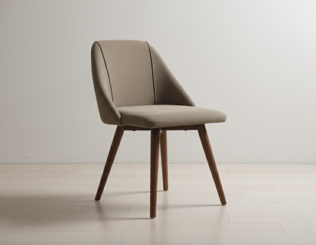 Mid-century modern dining chair with beige linen upholstery and tapered walnut wood legs in a bright studio setting.