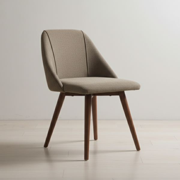 Mid-century modern dining chair with beige linen upholstery and tapered walnut wood legs in a bright studio setting.