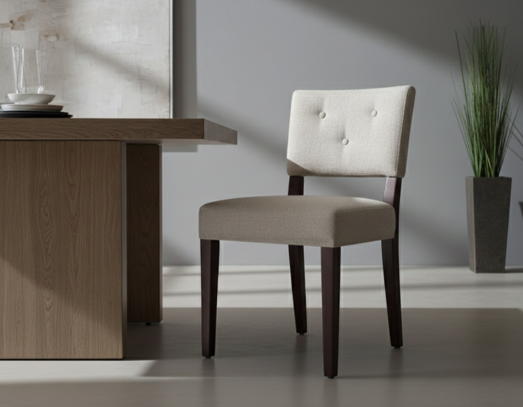 Professional lifestyle shot of a cream-colored upholstered dining chair with a button-tufted back and brass nailhead trim detail, positioned next to a modern wooden dining table in a minimalist room.
