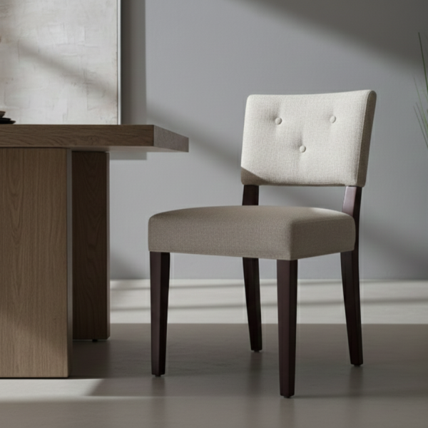 Professional lifestyle shot of a cream-colored upholstered dining chair with a button-tufted back and brass nailhead trim detail, positioned next to a modern wooden dining table in a minimalist room.