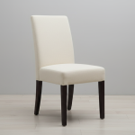Modern cream upholstered dining chair with high back and dark wood legs on a light wood floor.
