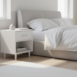 Modern white nightstand with one drawer, open bottom shelf, and silver handle on tapered legs.
