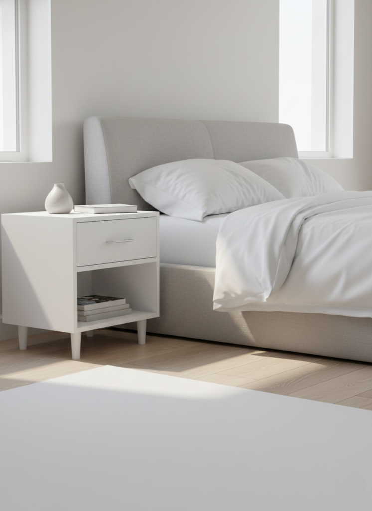Modern white nightstand with one drawer, open bottom shelf, and silver handle on tapered legs.