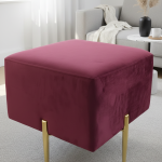 Burgundy velvet square ottoman with gold metal legs.