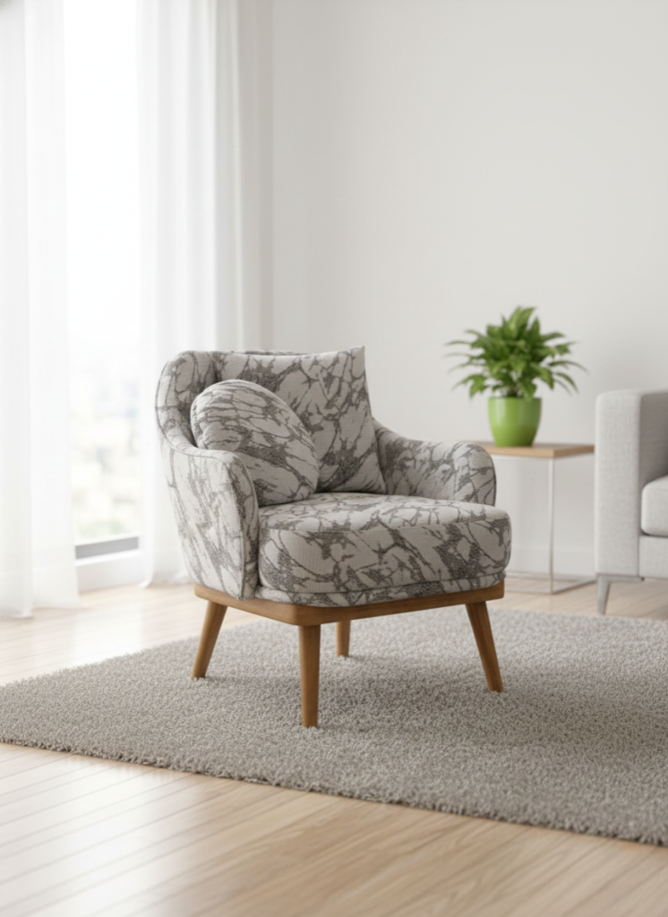 Modern accent chair with grey marble pattern and wooden legs." This helps Google Images find your products.