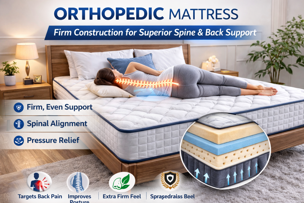 Firm orthopedic mattress with supportive foam layers for spinal alignment