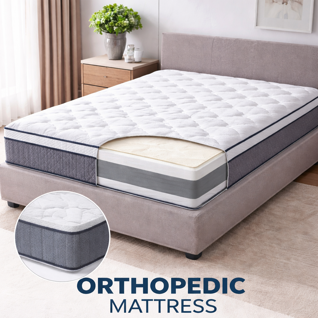 Firm orthopedic mattress with supportive foam layers for spinal alignment