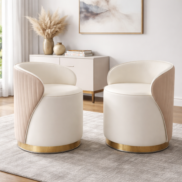 Sleek Vanity Stool modern white upholstered chair with gold base and vertical stitching
