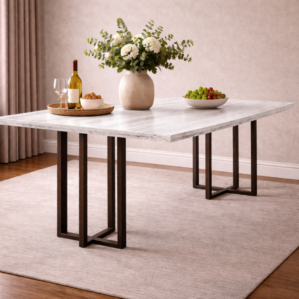 White marble top dining table with dark metal geometric legs styled with flowers and fruit in a modern dining room