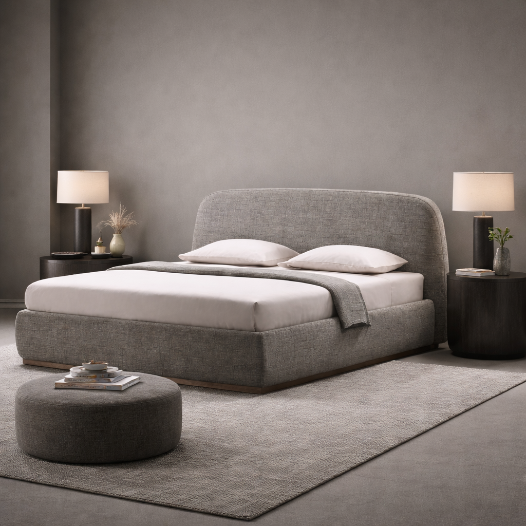 Grey upholstered platform bed with rounded headboard, white bedding, and matching bedside tables in a modern minimalist bedroom