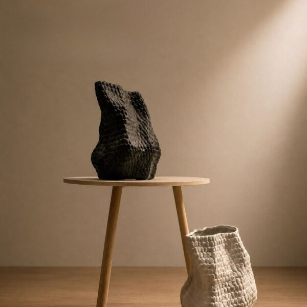 Black and ivory textured ceramic vase set with organic sculptural design on wooden table in minimalist modern interior