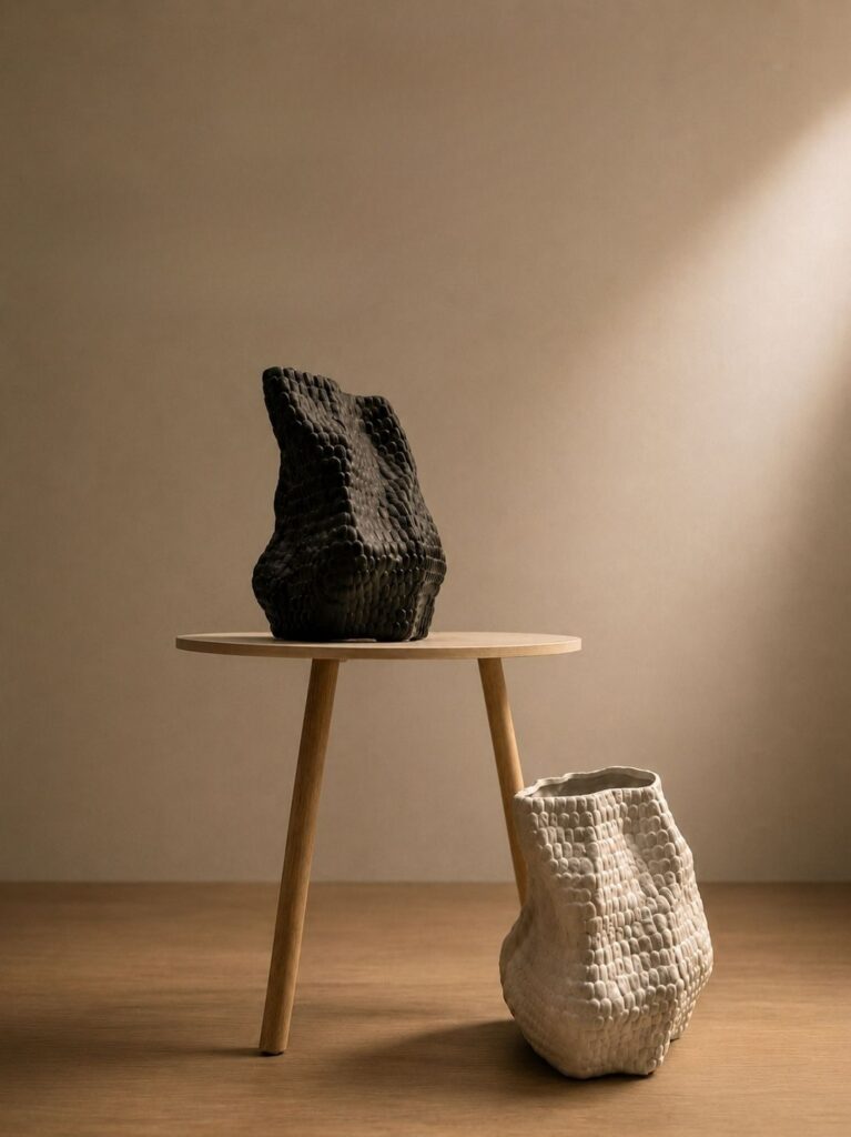 Black and ivory textured ceramic vase set with organic sculptural design on wooden table in minimalist modern interior