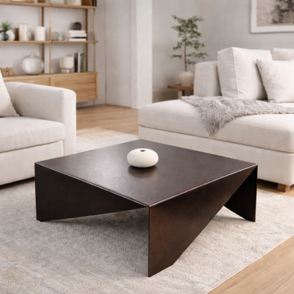 Dark geometric coffee table with angular folded-plate base in a deep bronze finish, styled between two cream sofas on a natural jute rug in a minimalist living room.