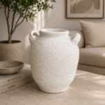 White textured ceramic vase available in three different modern rustic shapes for home décor.