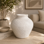 White textured ceramic vase available in three different modern rustic shapes for home décor.