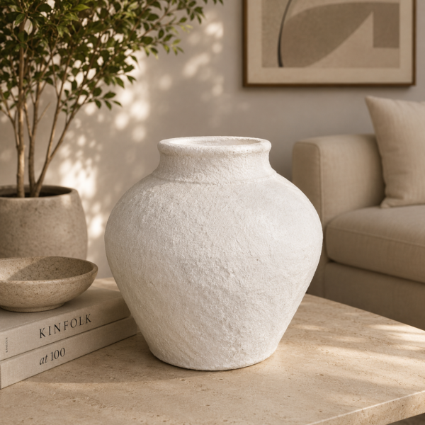 White textured ceramic vase available in three different modern rustic shapes for home décor.