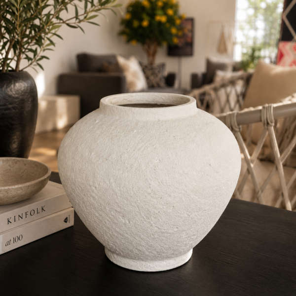 White textured ceramic vase available in three different modern rustic shapes for home décor.