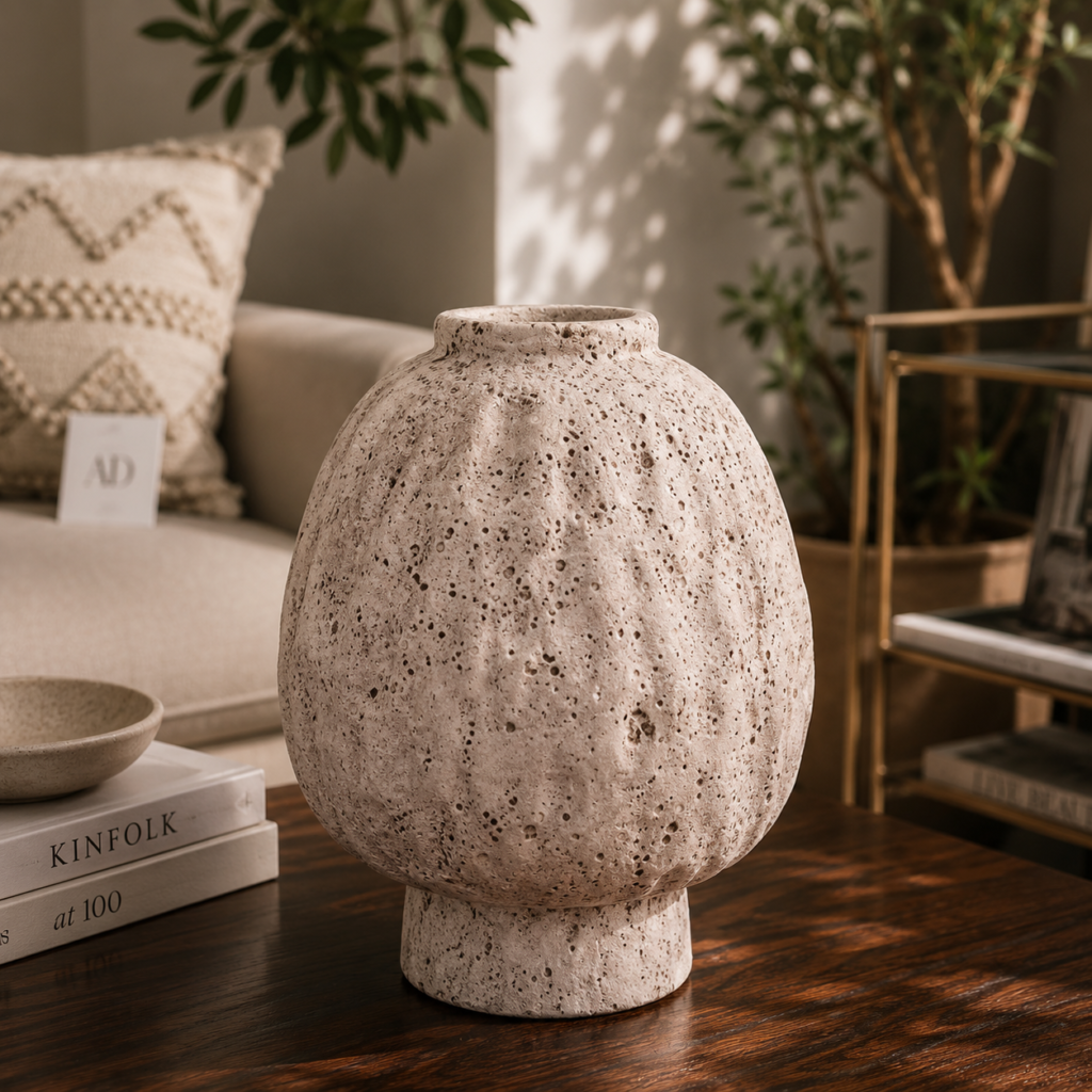 Ivory lava stone ceramic vase with porous texture on a wooden table in a warm modern living room.