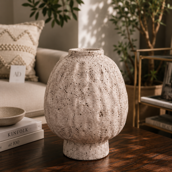 Ivory lava stone ceramic vase with porous texture on a wooden table in a warm modern living room.