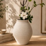 Textured stoneware flower vase with white flowers and green branches on a wooden table.