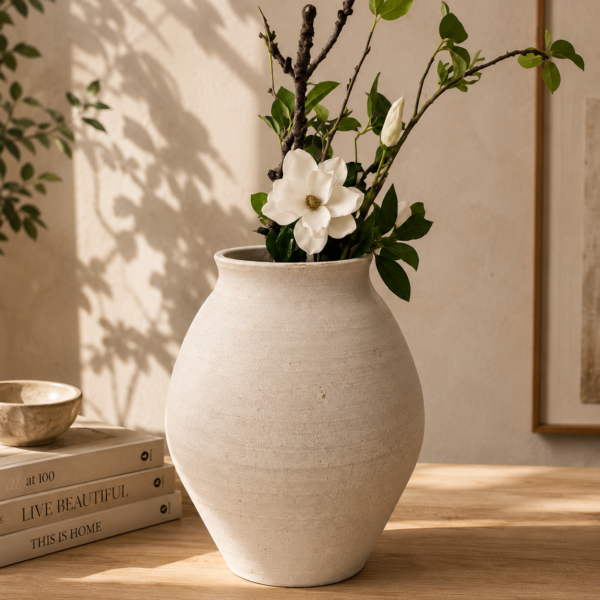 Textured stoneware flower vase with white flowers and green branches on a wooden table.