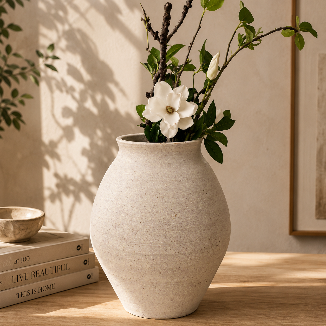 vase 21 Textured stoneware flower vase with white flowers and green branches on a wooden table.