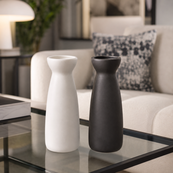 Minimalist ceramic vase in black and white color options on a glass coffee table in a modern living room.