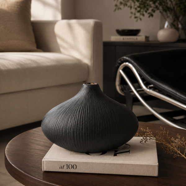 Black textured ceramic vase on a coffee table in a modern rustic living room.