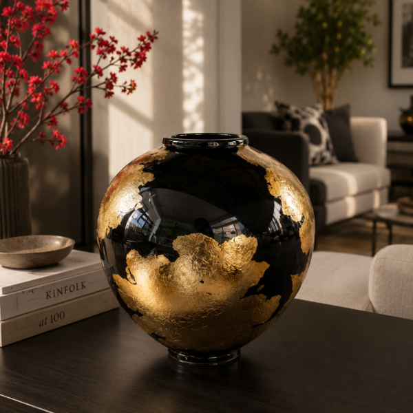 Black and gold decorative vase on a modern coffee table in a luxury living room.