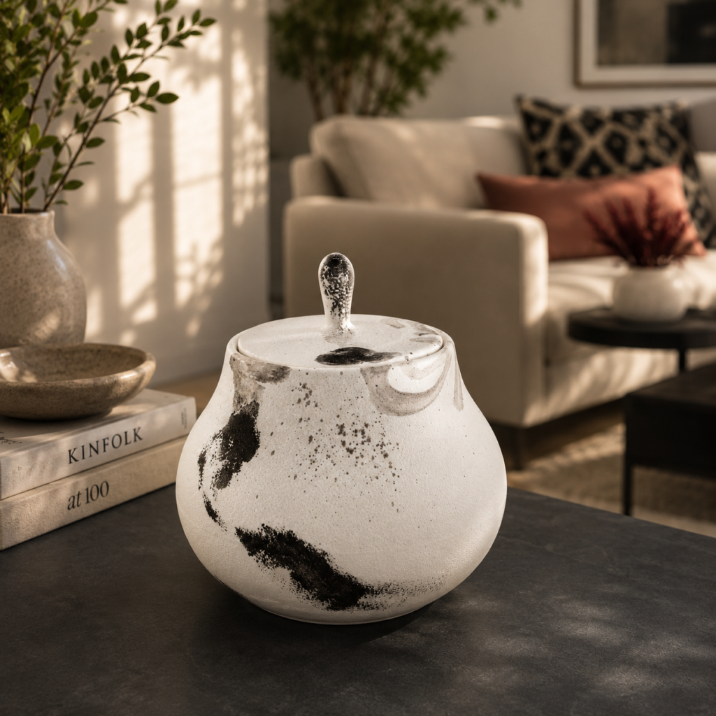 Decorative ceramic jar with lid in white and black abstract brush design on a modern coffee table.