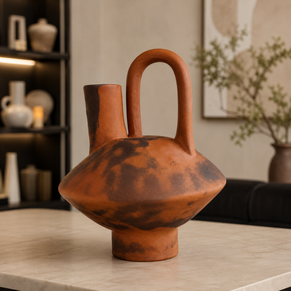 Terracotta ceramic vase with sculptural handle on a marble table in a modern rustic living room.