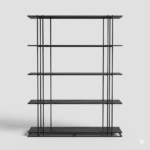 Black metal bookshelf with 5 open tiers and minimalist industrial steel frame