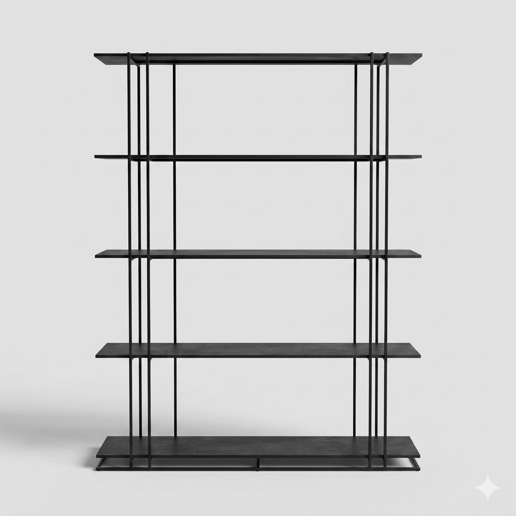 Black metal bookshelf with 5 open tiers and minimalist industrial steel frame
