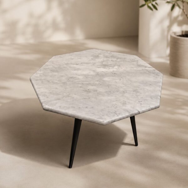 Octagonal marble side table with black tapered legs modern accent furniture