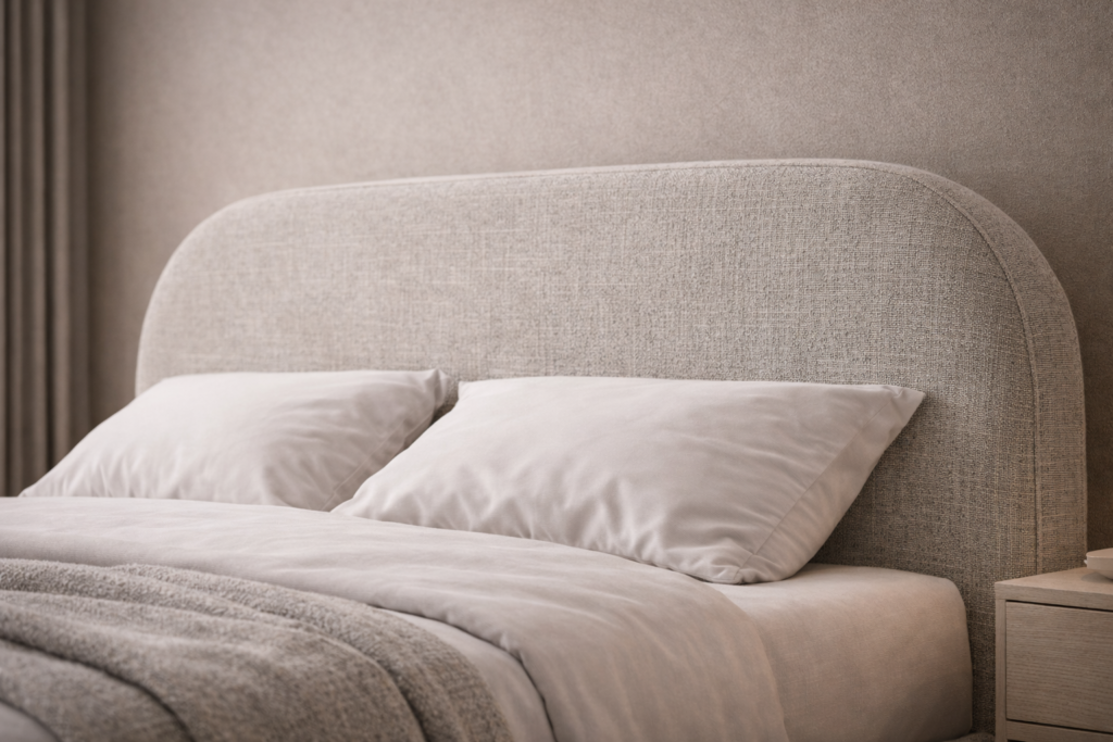 Beige upholstered bed with a curved headboard, textured fabric finish, white bedding, and modern bedside tables in a calm bedroom