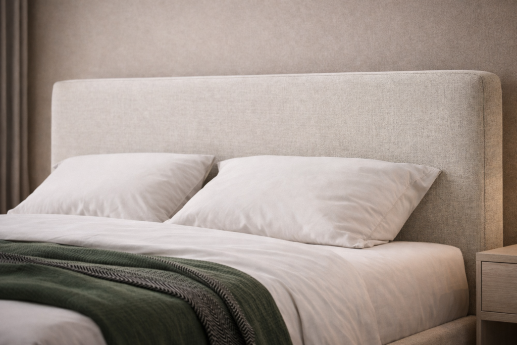Cream upholstered bed with a curved headboard, soft fabric finish, white bedding, and modern bedside tables in a calm bedroom