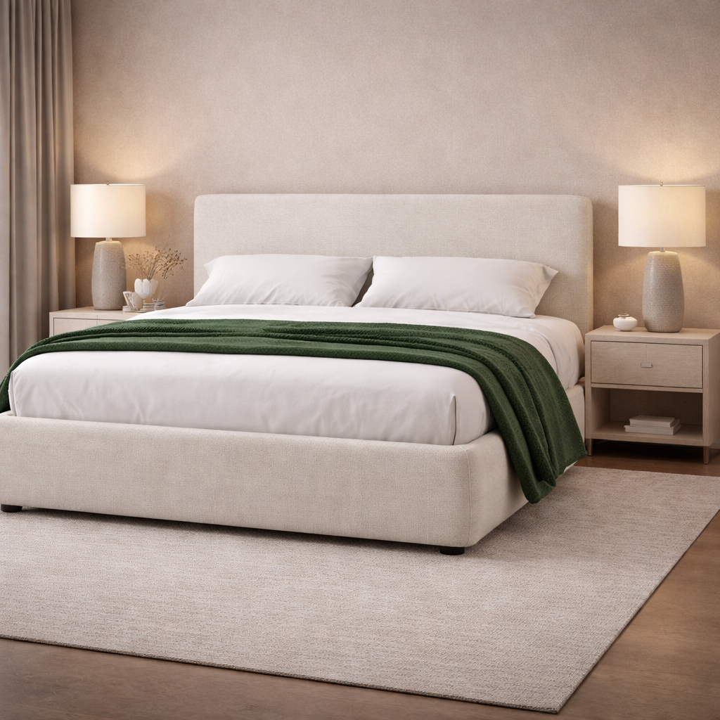 Cream upholstered bed with a curved headboard, soft fabric finish, white bedding, and modern bedside tables in a calm bedroom