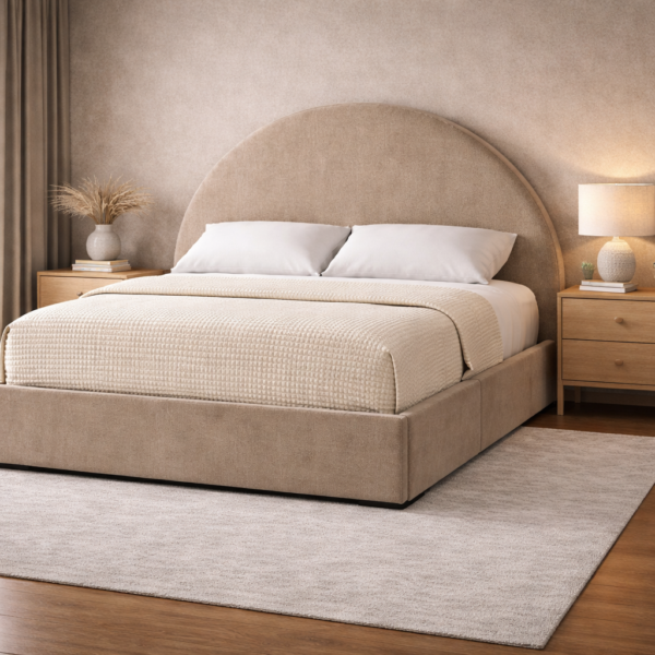 Arched upholstered bed with a curved headboard, textured beige fabric, white bedding, and modern bedside tables in a warm minimalist bedroom