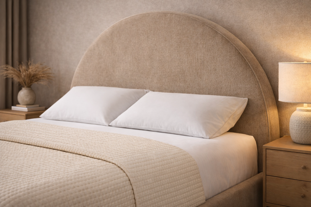 Arched upholstered bed with a curved headboard, textured beige fabric, white bedding, and modern bedside tables in a warm minimalist bedroom