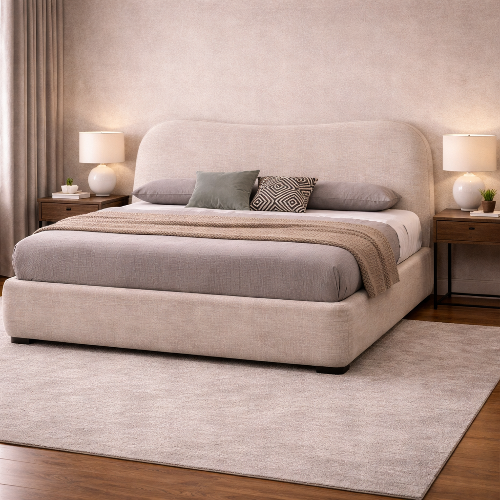 Beige fabric bed with a curved upholstered headboard, textured neutral finish, white bedding, and modern bedside tables in a calm bedroom