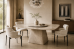 Modern marble dining table with rotating Lazy Susan, sculptural marble pedestal base, and luxury contemporary design.