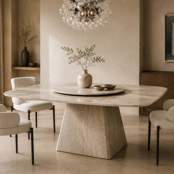 Modern marble dining table with rotating Lazy Susan, sculptural marble pedestal base, and luxury contemporary design.