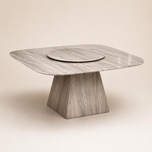 Modern marble dining table with rotating Lazy Susan, sculptural marble pedestal base, and luxury contemporary design.