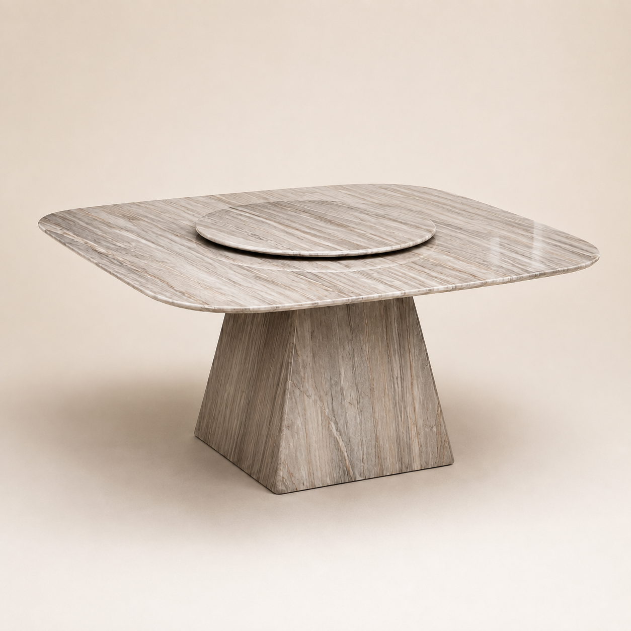 Dining table 2 Modern marble dining table with rotating Lazy Susan, sculptural marble pedestal base, and luxury contemporary design.