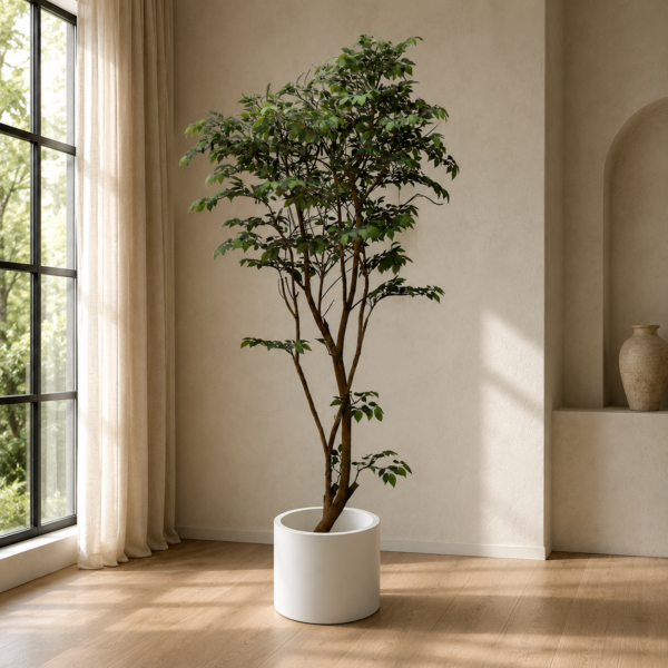 Premium Artificial Leaf Banyan Tree with realistic green foliage, natural-looking branches, and a textured trunk for modern indoor home décor.