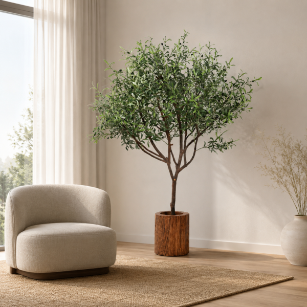 Premium Artificial Olive Tree with realistic green leaves, lifelike olive fruits, naturally shaped branches, and a textured trunk for modern indoor home décor.