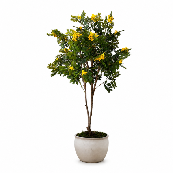 Artificial yellow flowering tree with realistic green foliage, vibrant yellow blossoms, and a natural-looking trunk for modern indoor home décor.