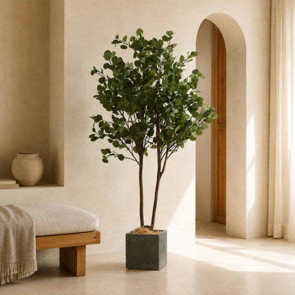 6ft artificial eucalyptus tree with double trunk in square concrete planter